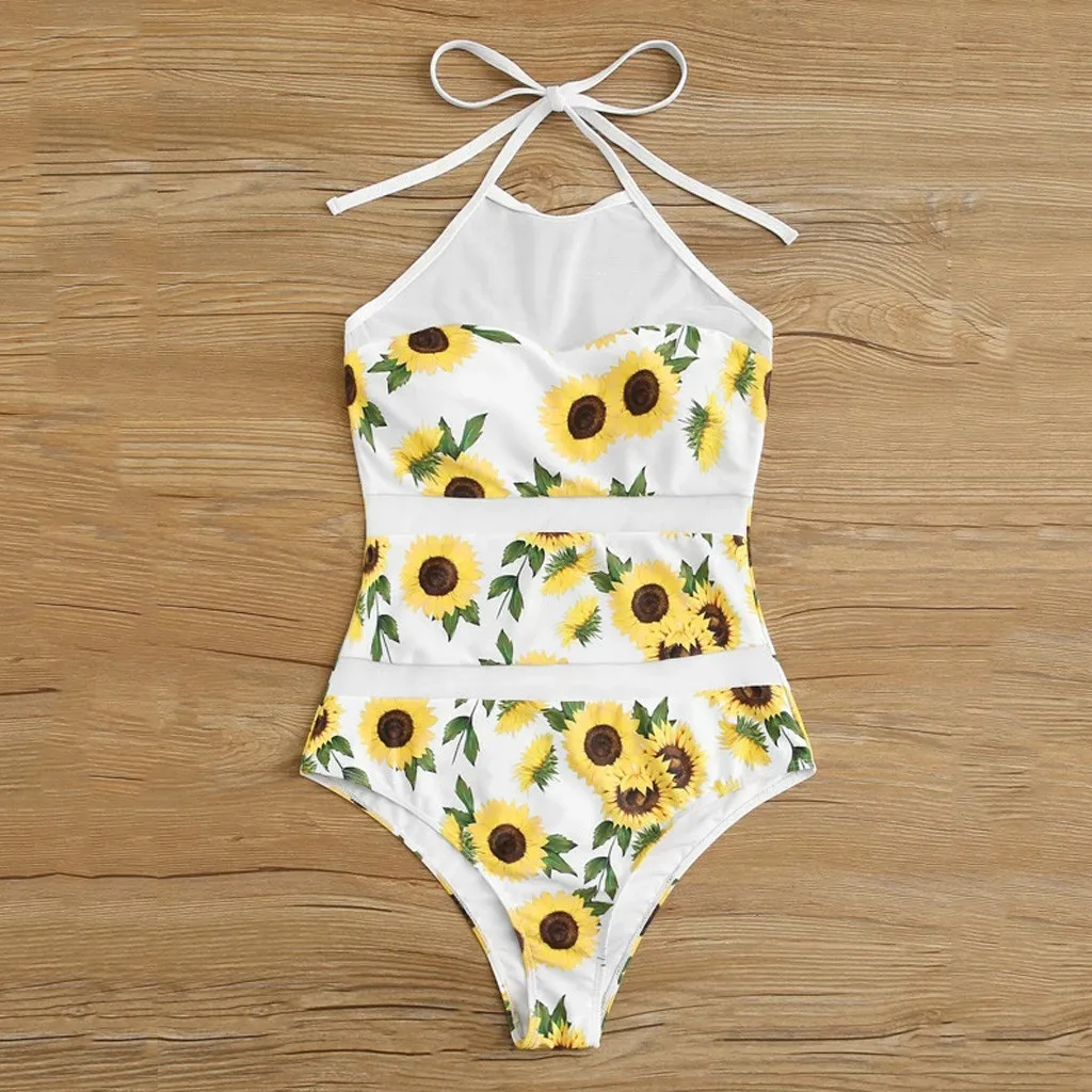 

Sexy Women One Piece Monokini Bikini High Waist Push-Up Padded Swimwear Sunflower Print Swimsuit Beachwear Halter Bathing Suit