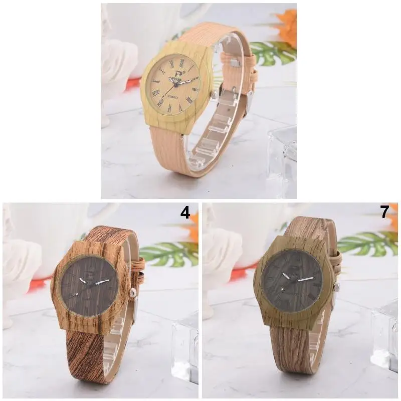 

Men Women Quartz Watch PU Leather Wood Pattern Wristwatch Student Sport Casual Watches LXH