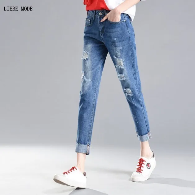 

Women's White Khaki Black Blue Boyfriend Ripped Jeans for Women Plus Size Denim Pencil Pants Korean Elastic Waist Jeans Woman