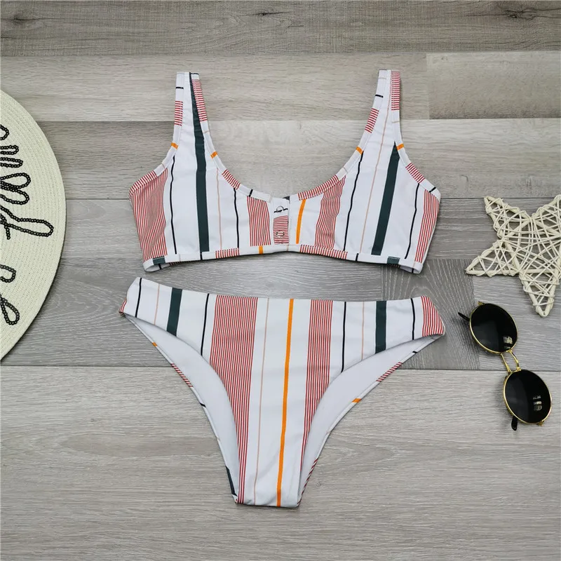SAKKUS 2020 Women Two Piece Colorful Striped Bikini Set Summer Push Up Swimsuit Brazilian Biquini Swimwear Beach Suit | Женская одежда