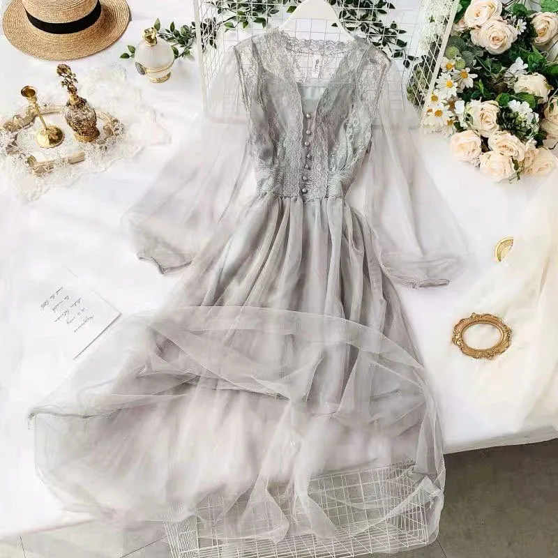 

New Summer Women Lace Crochet Dress Mesh Long Gauze Lantern Sleeve Voile Swing Long Dress Female Princess Dress 2pcs Set