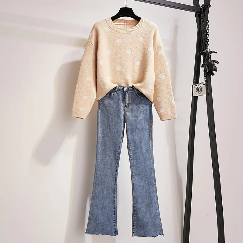 

Autumn Winter Pullover Dot Pattern Loose Sweater & Denim Pants Jeans Women 2 Pcs Clothing Set Casual Outfit Leisure Clothes