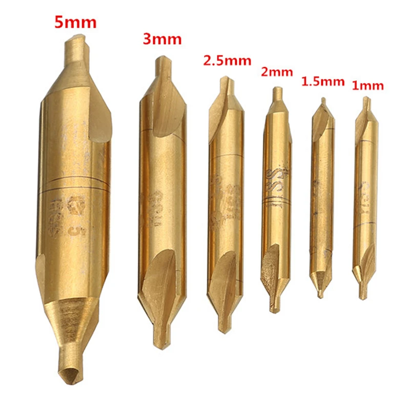 Titanium Coated 6 шт./компл. HSS M35 кобальта центровочное сверло 1,5/2/2,5/3/4/5 мм Стандартный 60 градусов угол зенковки сверло с двойным концом - Цвет: Titanium Coated