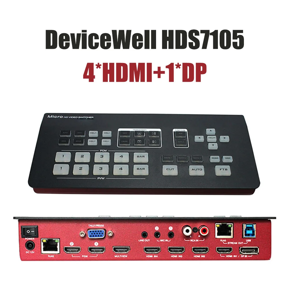 Новинка 2021, компактный переключатель DeviceWell HDS7105, 4 HDMI-совместимых видеопереключателя 1 DP для новых медиа, прямых трансляций на Youtube