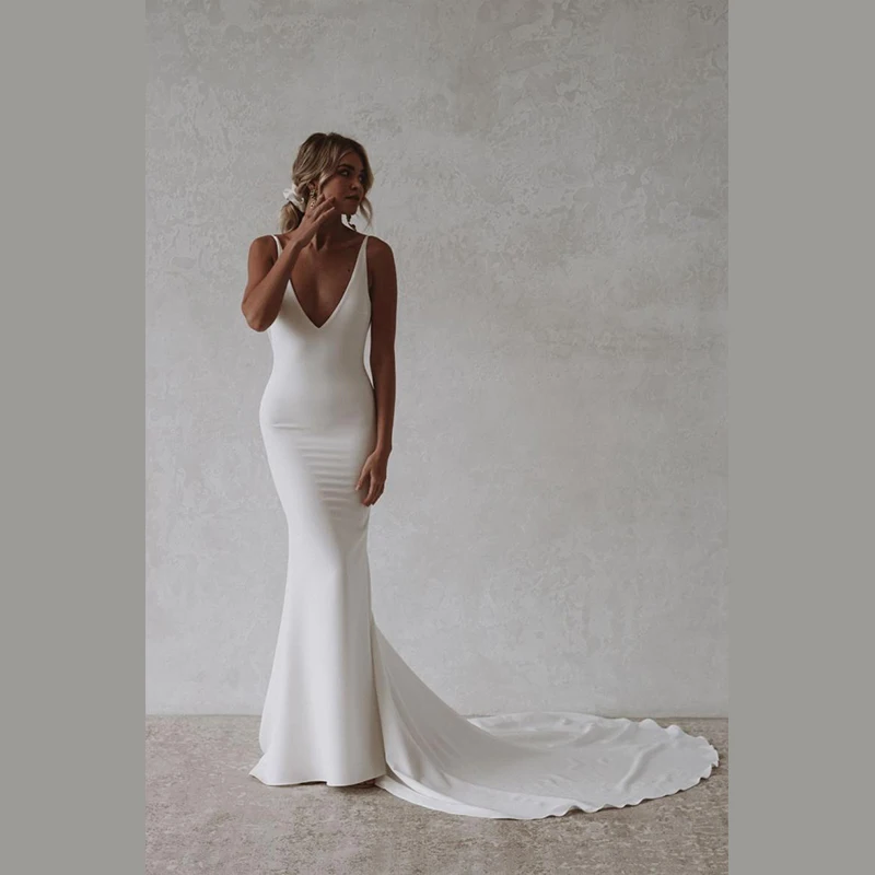 

Simple Mermaid Satin Modern Wedding Dresses Sleeveless V-Neck Backless Floor-length Court Train Bride Gowns Vestito Da Sposa