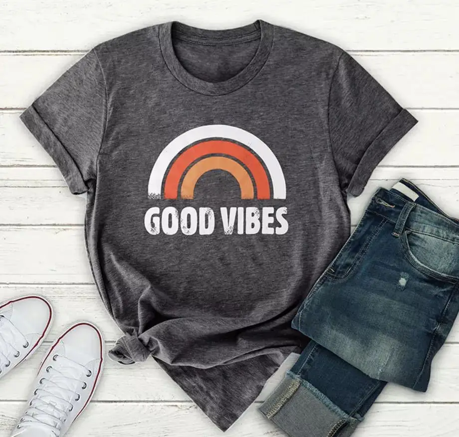 Женская футболка с надписью GOOD VIBES милая Радужная Футболка Harajuku круглым вырезом и