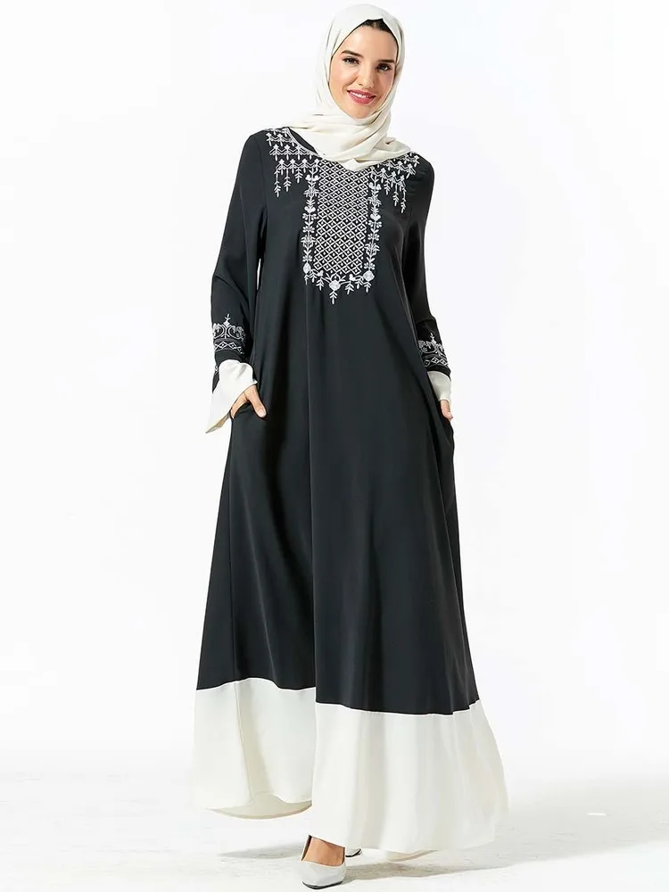 Muslim Women Dress Plant Embroidery Abayas Splicing Contrast Color Pocket Arab Long Skirt (Excluding Headscarf) Musulam Thobe |