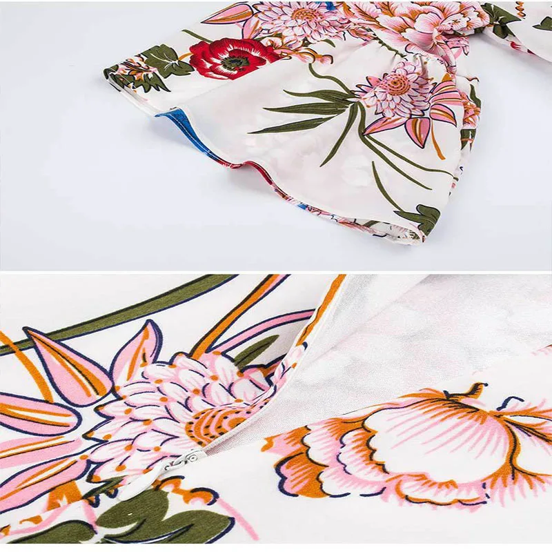 

European and American round neck dress with ruffled hem short skirt with sleeves and printed skirt