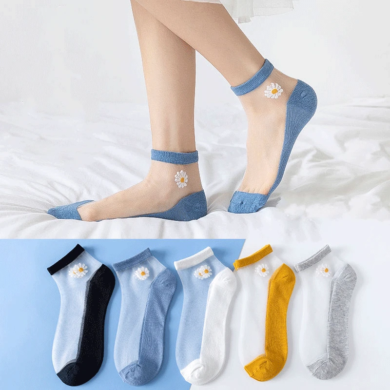 

5pairs/lot Women Socks For Summer Ultra-thin Transparent Cass Glass Fiber Silk Socks Fashion Daisy Flower Japan Ankle Socks
