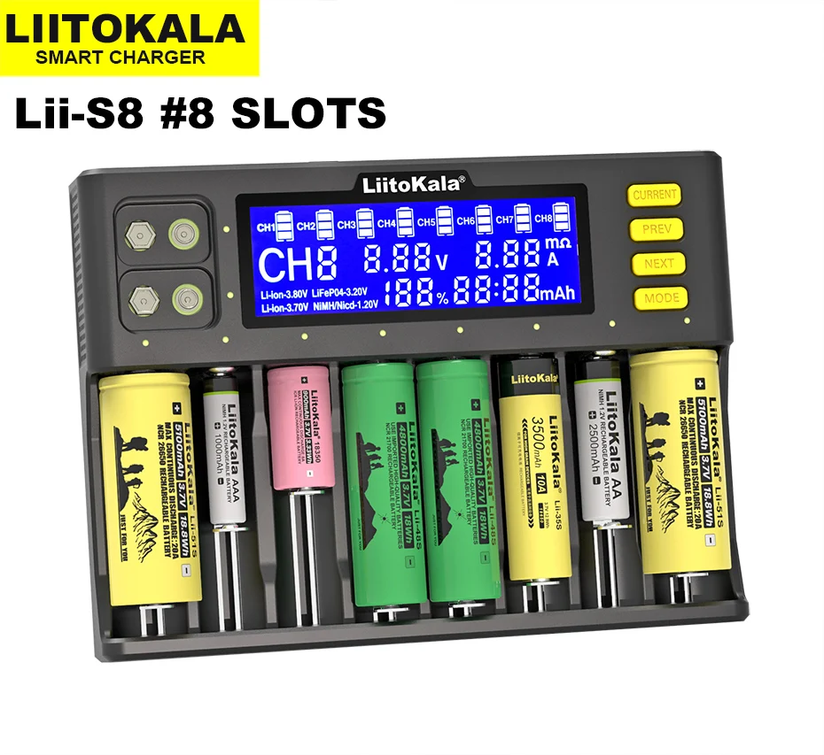 LiitoKala Lii-S8 ЖК-зарядное устройство NiMH 1,2 В AA AAA Li-FePO4 3,2 В IMR 3,7 В для 26650 21700 26700 18350 18650 Зарядное устройство для батареи - изображение