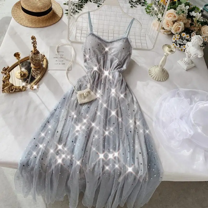 

Start Summer Women Star Sequins Princess Dress With Chest Pad Female Elegant Mes Fairy Dress New Summer Chic Gentle Wind Dress