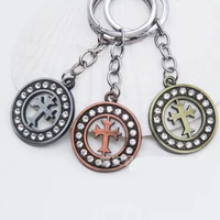 crystal cross keyrings metal circle cross keychain lucky purse bag pendant for women men key chains holder rings for car gift