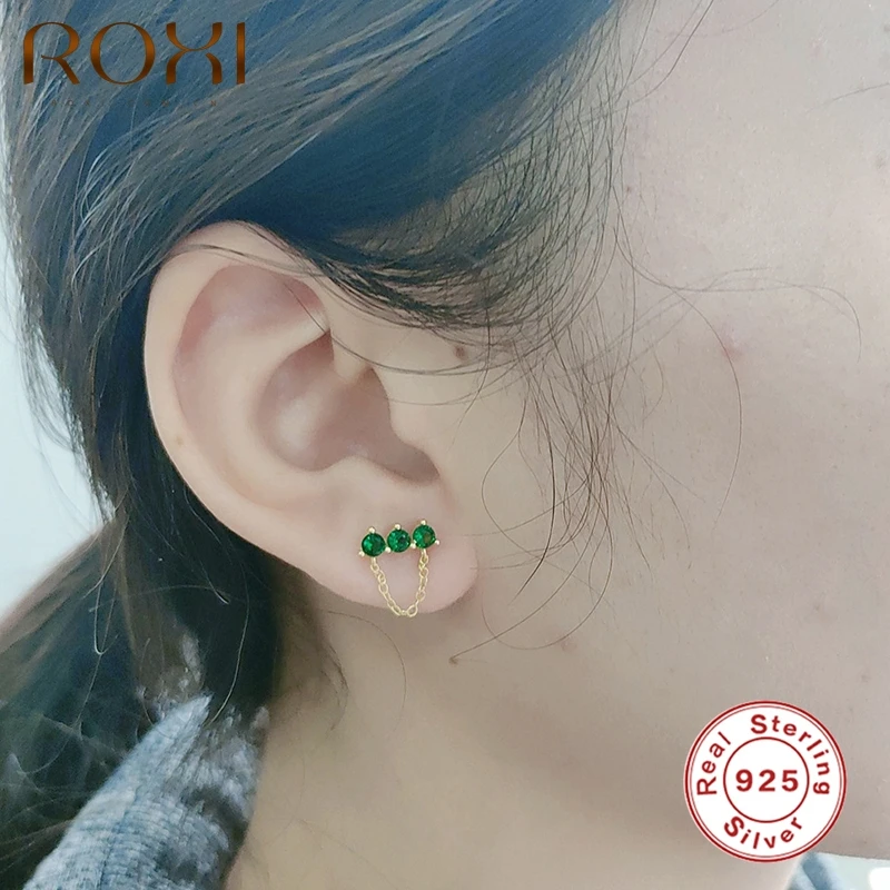 

ROXI Granny Green Zircon Earrings For Women Pendientes Plata 925 Curved Shape Ear Piercing Hanging Stud Earring Jewelry Kolczyki