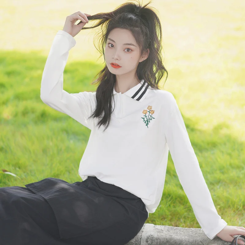 

Polo Khaki Autumn and Winter 2020 New Loose Polo Shirt Long-Sleeved T-shirt Female Student All-Matching Embroidered Bottoming
