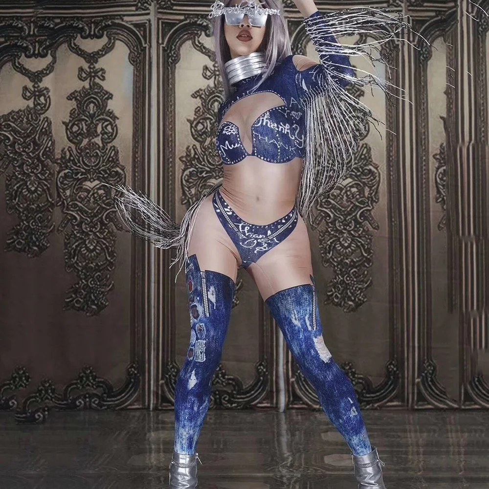 

Personality Silver Tassel Women Jumpsuits Tight Stretch Denim Bodysuits Leotard Singer Dancer Stage Wear Nightclub Show Costumes