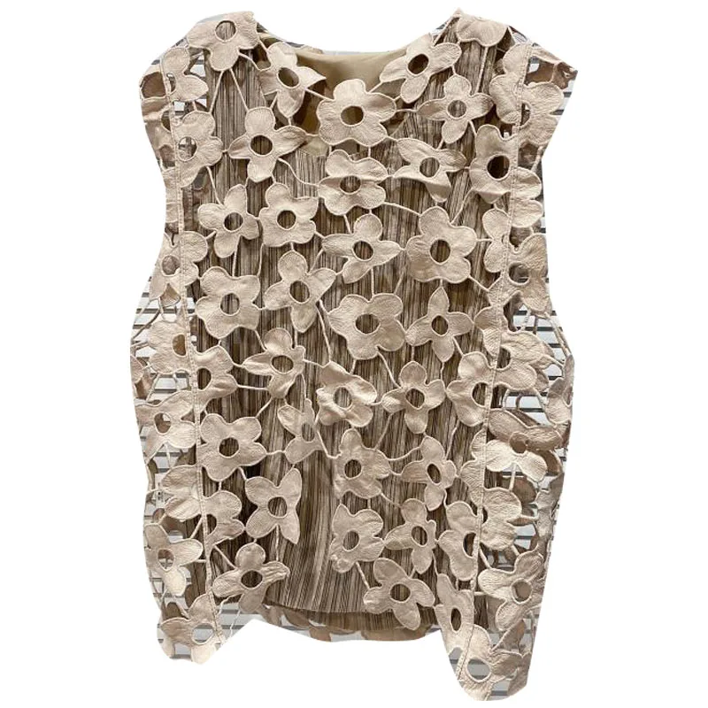

2021 Summer New Hollow Crocheted Vest Pleated Lining Vest Two-Piece Set Women