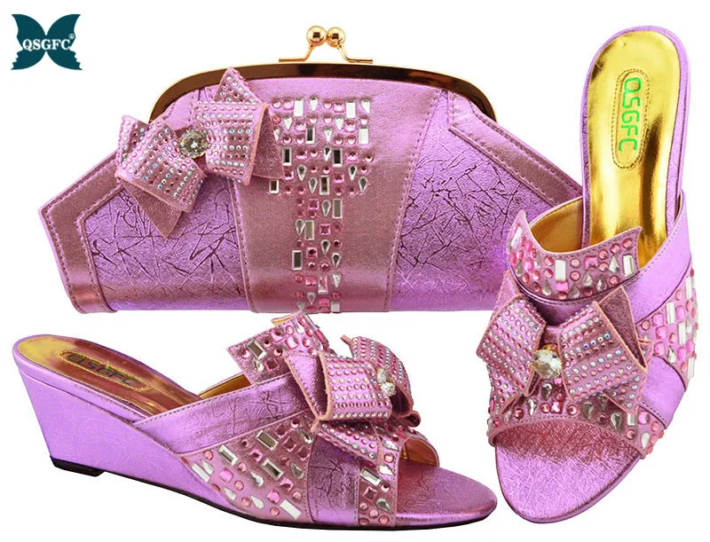 

2020 New Arrival Special Style Purple Color African Women Matching Italian design Ladies Shoes and Bag Set for Party