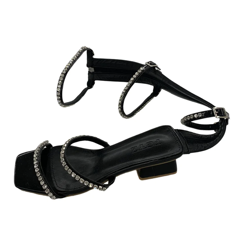 

Roman strapped sandals with rhinestone and thick heel