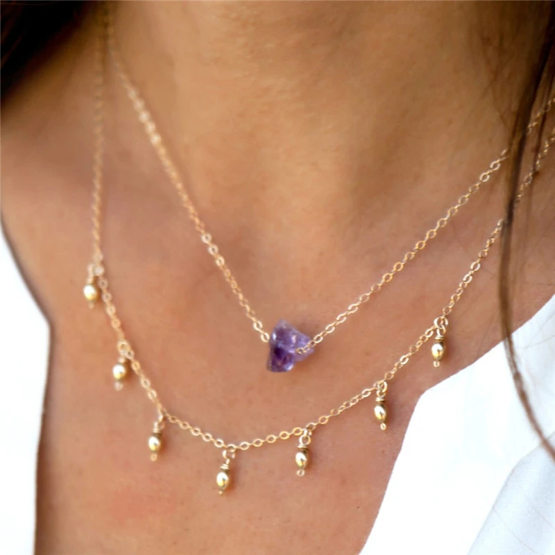 

Natural Amethyst Necklace 14K Gold Filled Handmade Jewelry Gold Beads Choker Pendants Collier Femme Kolye Collares Necklace