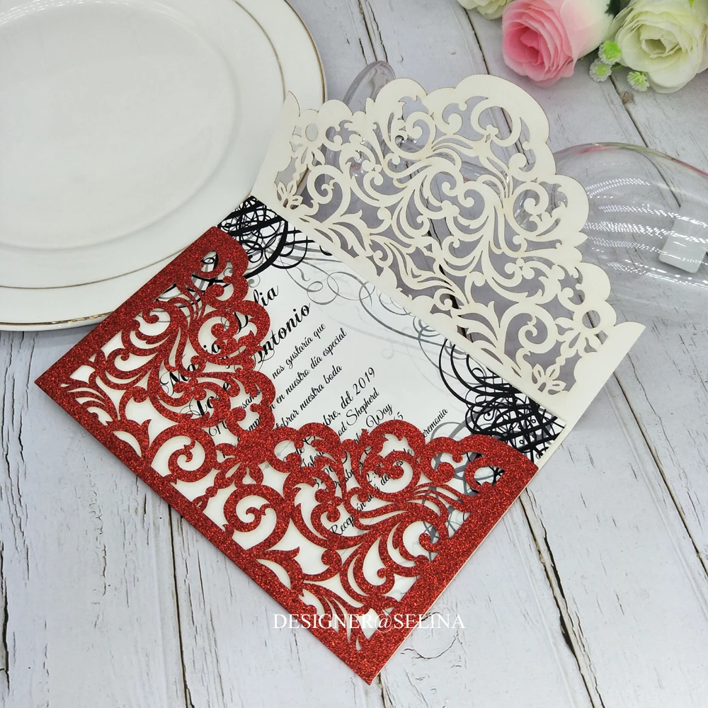 Роскошные свадебные приглашения с красными блестками