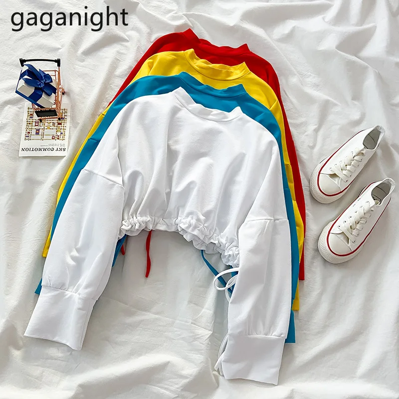 

Gaganight модные шикарные женские короткие толстовки с длинным рукавом с круглым вырезом оборками Тонкий свитер для девочек Повседневная Уличн...