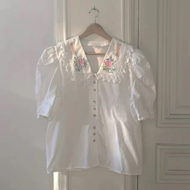 

Embroidey Flower Lace Blouse Women Fashion Puff Sleeve Single Breasted Blusa Shirts Spring 2020 Elegant Casual Top