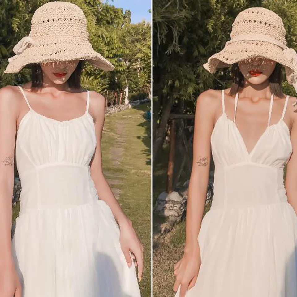 

White Bohemia Dress 2020 Summer Beach Leisurely Vacation Elegant Party Sexy Spaghetti Strap V-Neck Sleeveless Chiffon Maxi Dress