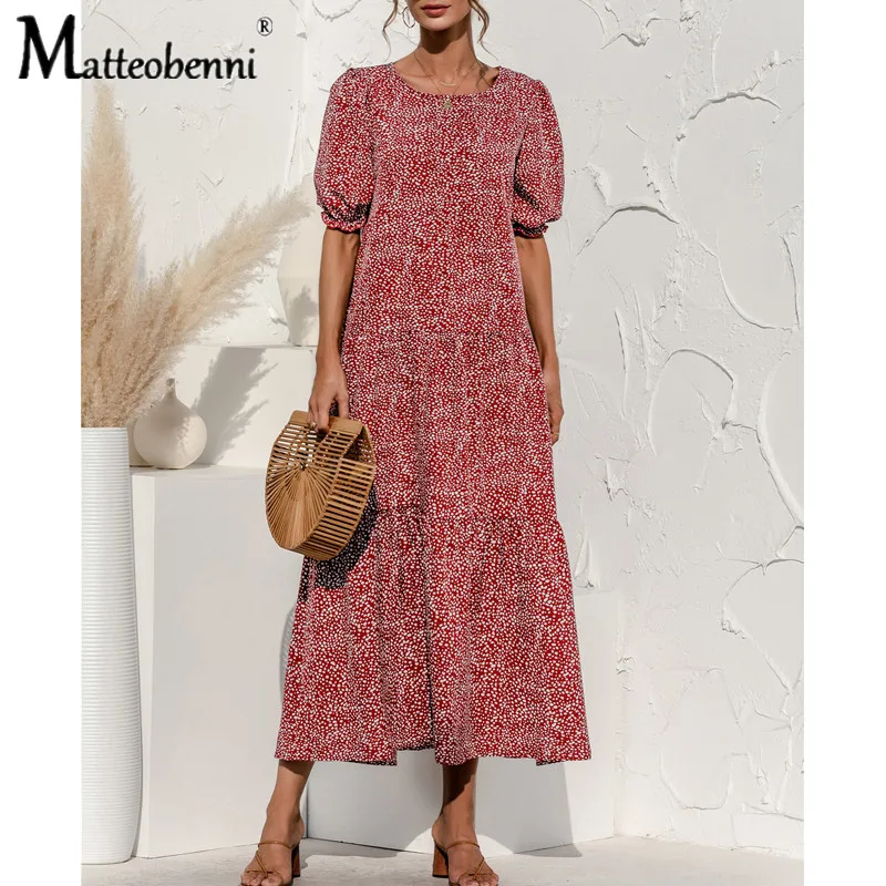 

Women Summer Plaid Polka Dot Print Maxi Dress O Neck Short Puff Sleeve Ruffles Elegant Beach Party Dresses Vintage Dress Vestido