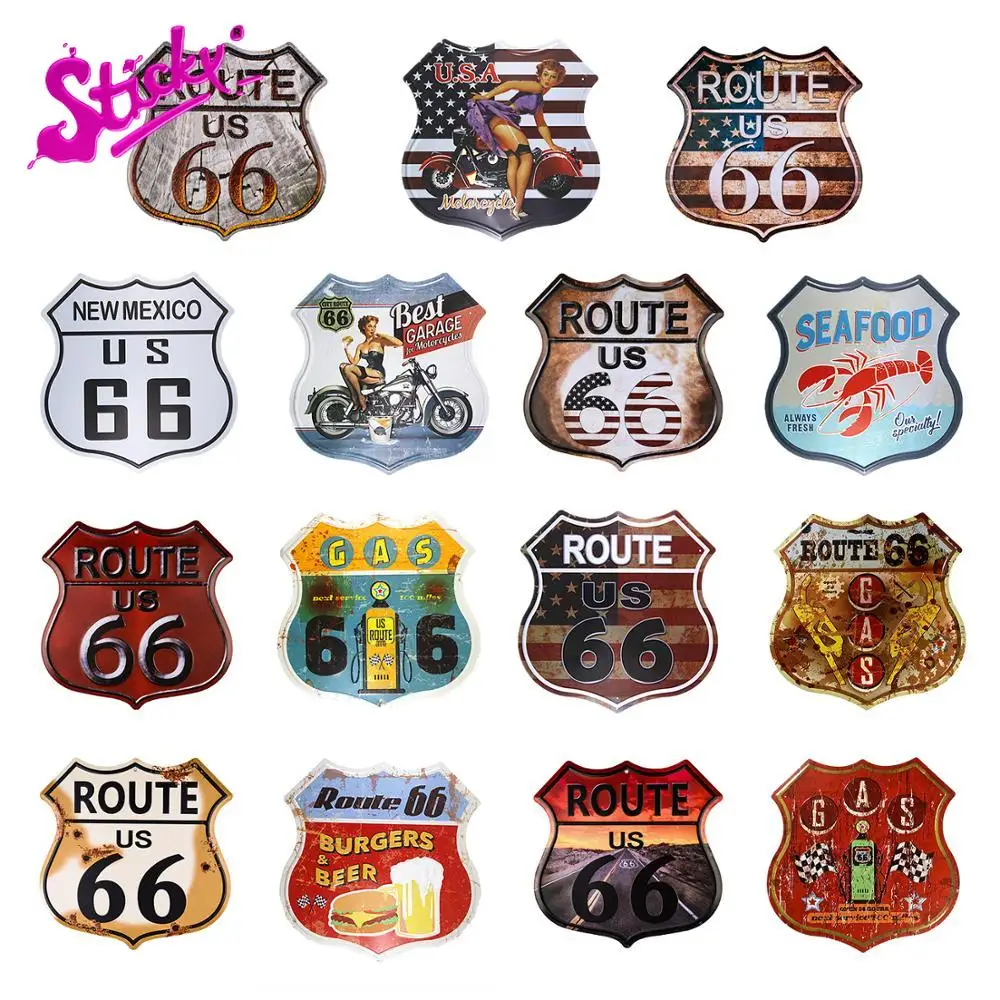 

STICKY 3D Retro Route 66 Hot Road Badge Brand Car Sticker Decal Decor Motorcycle Off-road Laptop Bar Motel PVC Vinyl Stickers