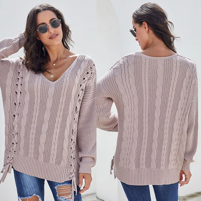Женский трикотажный пуловер с V-образным вырезом длинным рукавом | Женская одежда