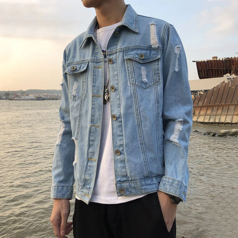 

Fashion Bomber Hole Thin Ripped Hole Denim Jacket Spring Autumn Male Cowboy Jeans Jackets Coat Mens Denim Jacket Mens Trendy