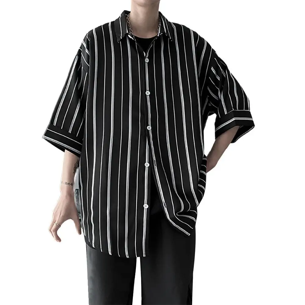 

Shirts Men Fashion Striped Short Sleeves Turn-down Collar Drop-Shoulder Men Loose Top Shirt Men's Clothing 2021