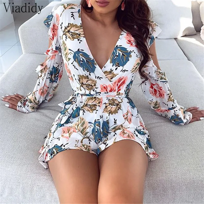 

Women Autumn Print Long Sleeve Hollow Out Deep V Neck Playsuit