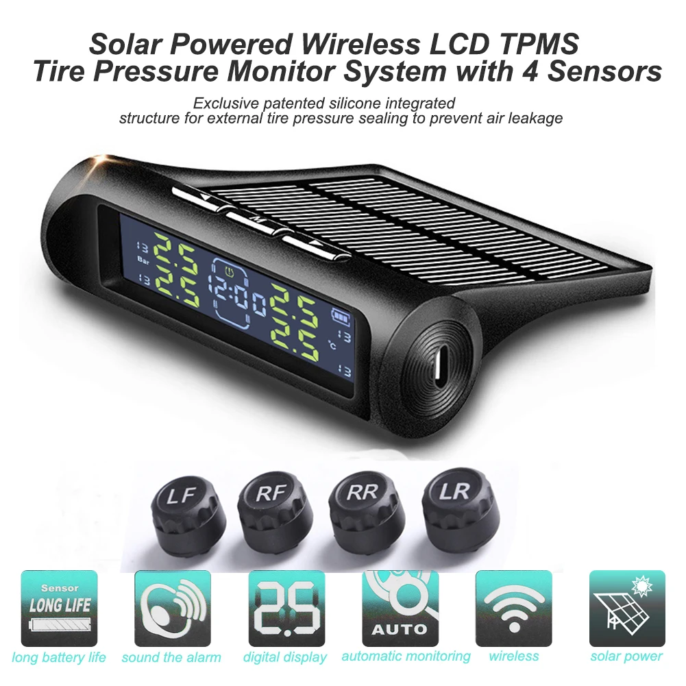

AN-01D 2 in 1 Car Solar Power TPMS Clock LCD Display Auto Security Tyre Pressure Temperature Warning Alarm System with 4 Sensors