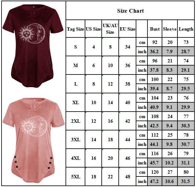 

Womens Fashion V-Neck Tee Tops Sun Moon T-shirts Casual Loose Top Baggy