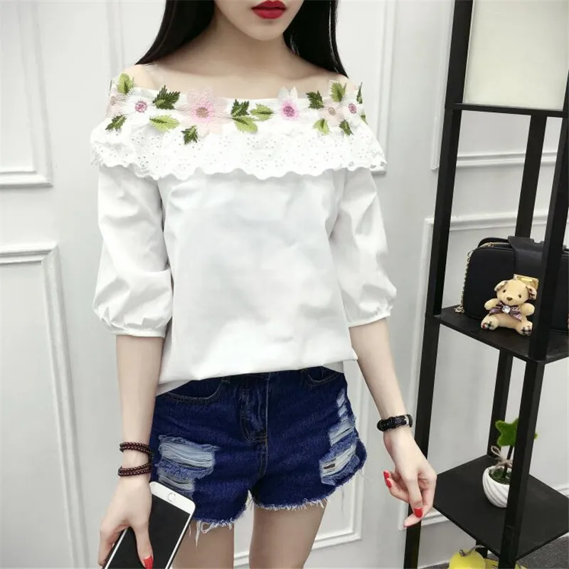 

Spring and Summer New Style Women's Temperament Sweet One Word Collar Flower Lace Off Shoulder Women's 7-point Sleeve Fashion