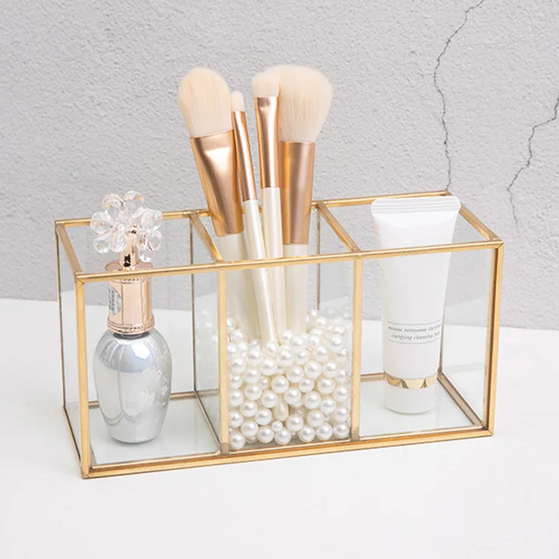 

New Hot Grid Glass Storage Box Simple Luxury Modern Cosmetics Display Case Organizer for Stationery Pen Brush USJ99