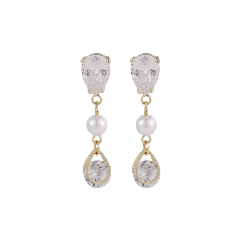 

Cool French Vintage Pearl Drop Zircon Earrings European and American Ins Elegant Zircon Tassel Ear Stud