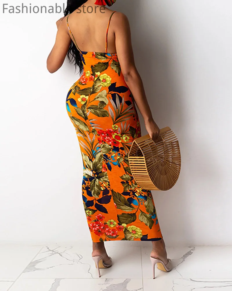 

Sexy Round Collar Print Sleeveless Bodycon Dress Women Spaghetti Strap Backless Maxi Dress