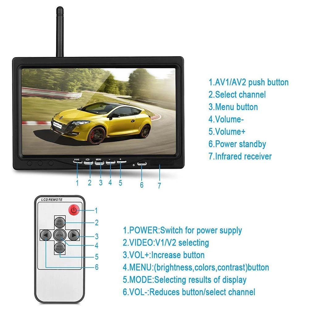 Podofo 7 &quotБеспроводной автомобильный монитор HD Дисплей Водонепроницаемый