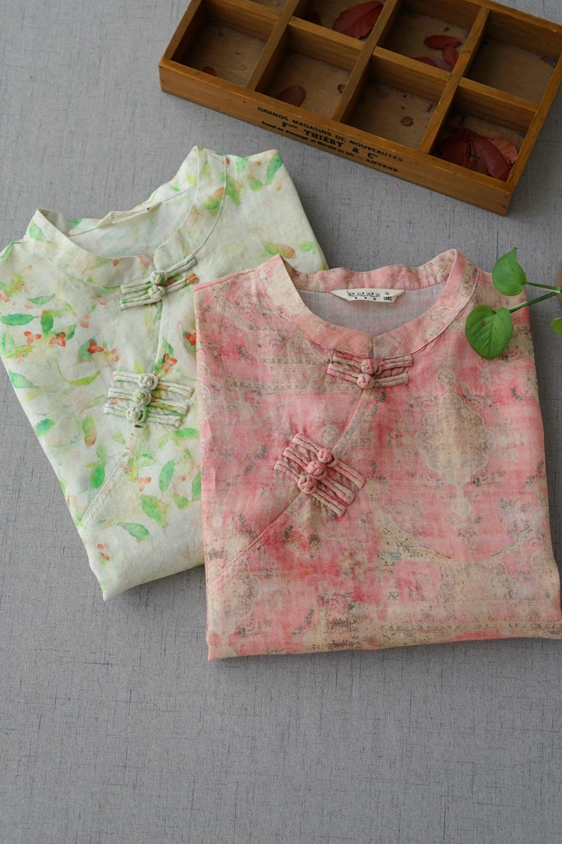 

Spring Summer Women Loose Vintage Chinese Style Buttons Print Comfortable Water Washed Thin Ramie Dresses