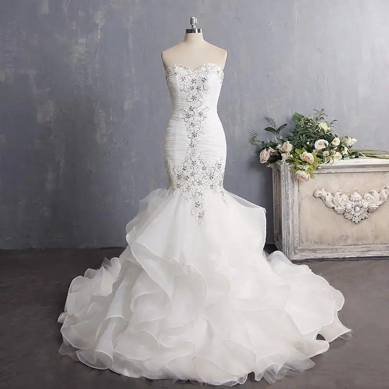 

Robe De Mariee Real Photos Sweetheart Organza Pleat Appliques With Crystal Bridal Gowns Sexy Back Sweep Train Wedding Dress