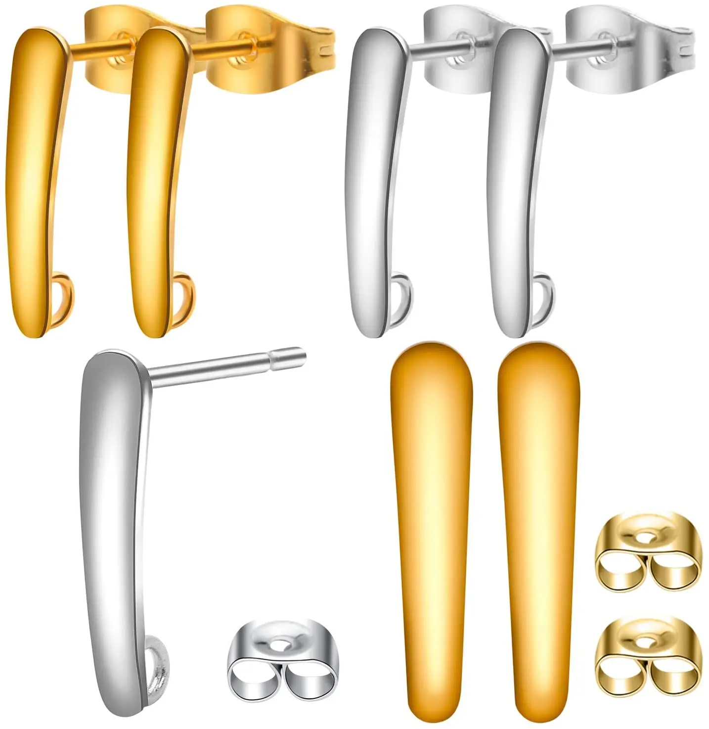 

20pcs Stainless Steel Earring Hooks Findings Ear Piercing Studs Earring Bars with Loop,20pcs Soft Earring Backs,Gold and Silver