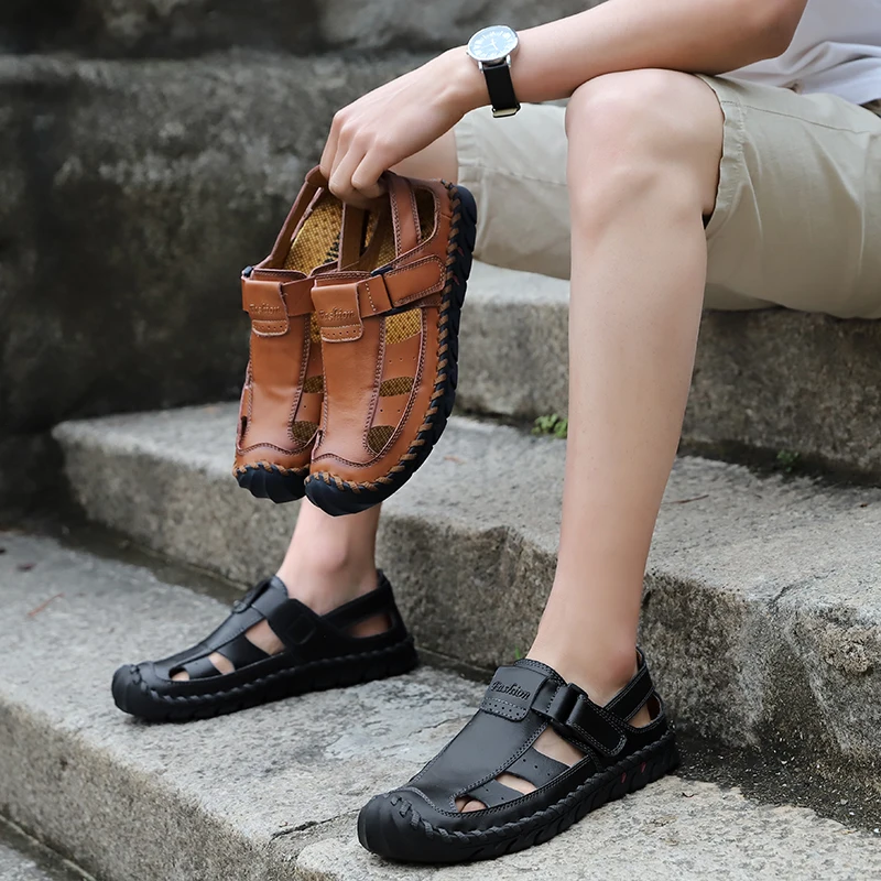 

New Leather Casual Shoes Men's Fashion Comfortable Leather Shoes Lightweight Breathable Hollow Out Summer Shoes Soft Size 38-46