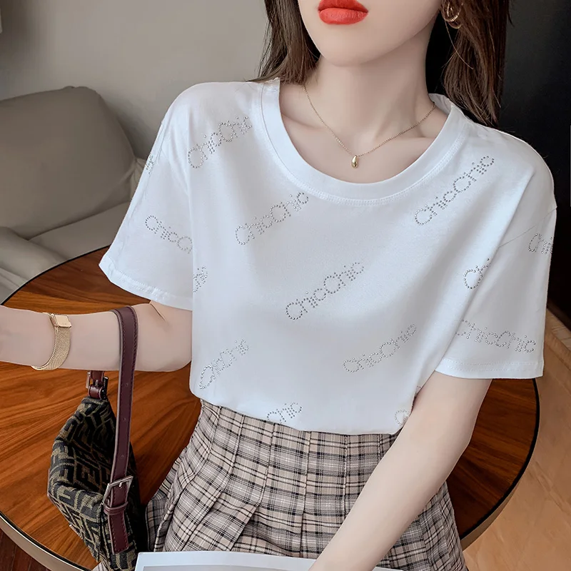 

2021 summer O Neck Hot drilling short Sleeve t shirt Women letter Tops Casual Loose Korean Style Clothes Female t shirt