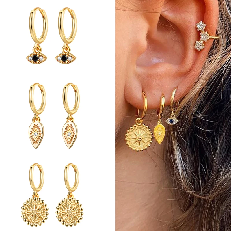 CRMYA богемные серьги сглаза с круглыми монетами и фианитами желтые посеребренные