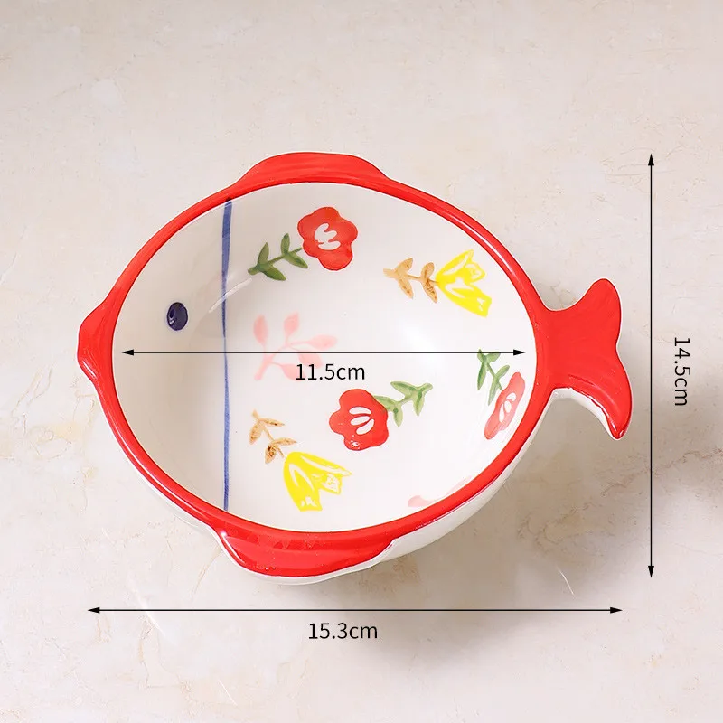 

Cartoon Fish Shape Ceramic Feeding Bowl with Antiskid Wooden Frame for Pet Cat Dog Food Water Pet Bowl Accessories