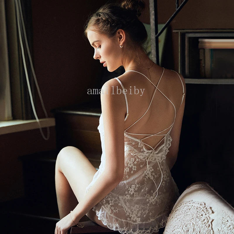 Белая сексуальная ночная рубашка с открытой спиной вышитая Цветочная кружевная