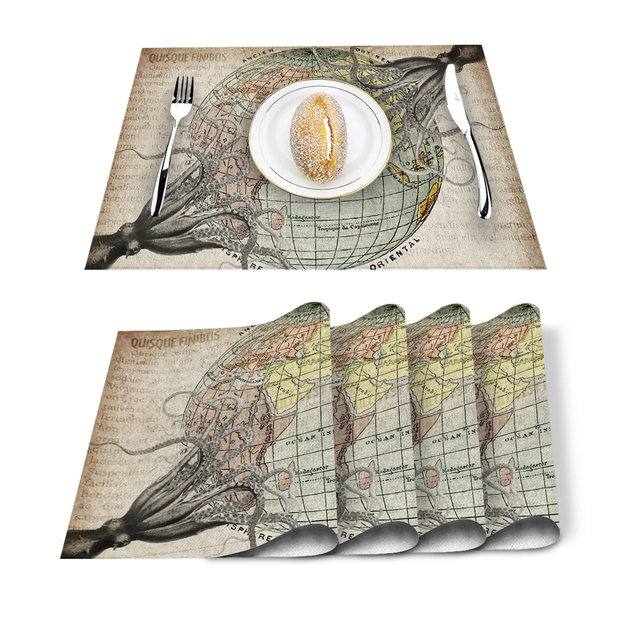 Коврик с изображением земли и осьминога Карта мира салфетка моющаяся хлопок лен
