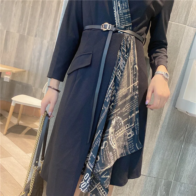 

OL temperament women's clothing han edition splicing long sleeve dresses wholesale scarf collar, irregular suit